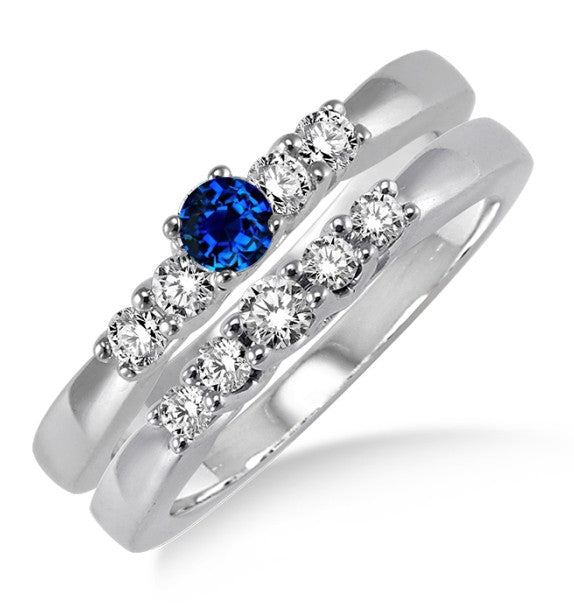 1.25 Carat Sapphire and Moissanite Diamond Elegant 5 stone Bridal Set on 10k White Gold