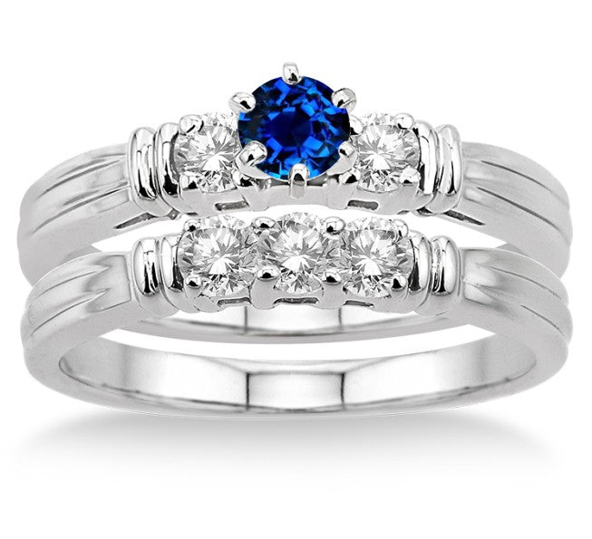 1.25 Carat Sapphire and Moissanite Diamond Three Stone Bridal Set on 10k White Gold