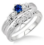 1.25 Carat Sapphire and Moissanite Diamond Three Stone Bridal Set on 10k White Gold