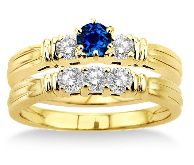 1.25 Carat Sapphire and Moissanite Diamond Three Stone Bridal Set on 10k Yellow Gold