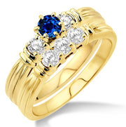 1.25 Carat Sapphire and Moissanite Diamond Three Stone Bridal Set on 10k Yellow Gold