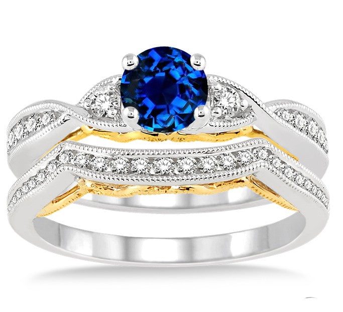 1.25 Carat Sapphire and Moissanite Diamond two tone bridal setround cut Moissanite Diamond on 10k White Gold