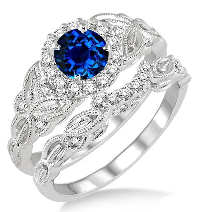 1.25 Carat Sapphire and Moissanite Diamond Vintage floral Bridal Set Engagement Ring on 10k White Gold