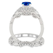 1.25 Carat Sapphire and Moissanite Diamond Vintage floral Bridal Set Engagement Ring on 10k White Gold