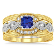 1.25 Carat Sapphire and Moissanite Diamond Vintage Trio Bridal Set Engagement Ring on 10k White Gold