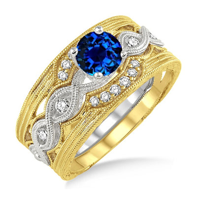 1.25 Carat Sapphire and Moissanite Diamond Vintage Trio Bridal Set Engagement Ring on 10k White Gold