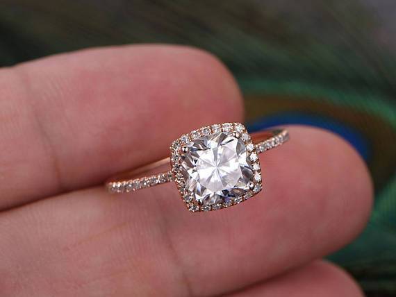 Antique Style 1.50 Carat Moissanite and Diamond Halo Engagement Ring in Rose Gold
