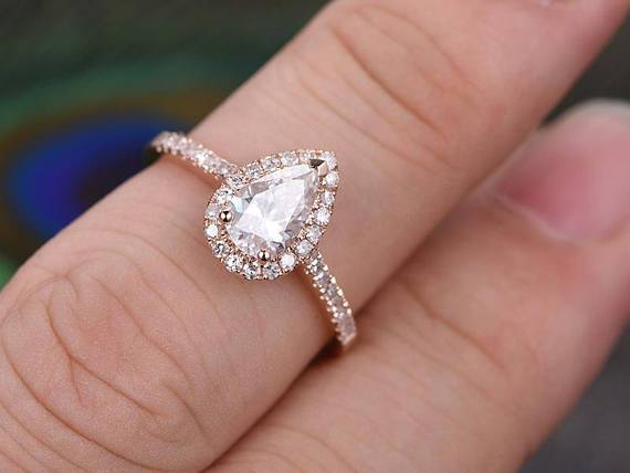 Classic Pear cut Halo 1.50 Ct Moissanite &  Diamond Engagement Ring in Rose Gold
