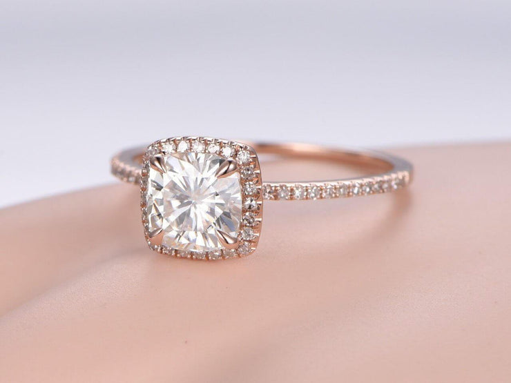 Cushion Cut 1.50 Carat Halo Moissanite and Diamond Wedding Ring 