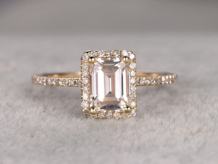 Best 1.25 Ct Moissanite and Diamond Ring with Emerald cut in Yellow Gold
