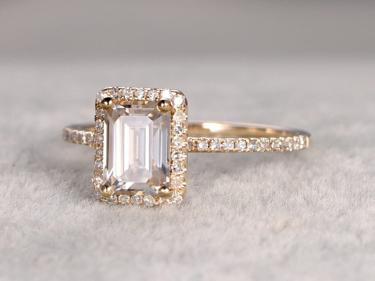 Best 1.25 Ct Moissanite and Diamond Ring with Emerald cut in Yellow Gold
