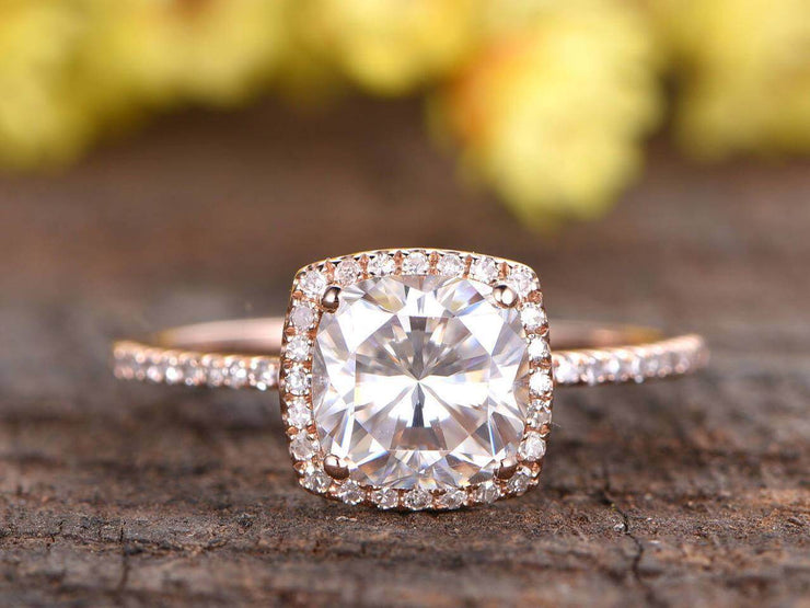 Antique 1.25 Carat Moissanite and Diamond Ring with Cushion Cut in 10k Rose Gold
