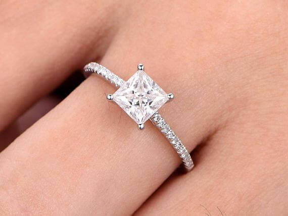 Prinncess Cut 1.25 Carat Moissanite and Diamond Solitaire Ring in White Gold
