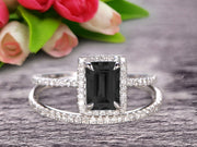 1.75 Carat Emerald Cut Wedding Set Black Diamond Moissanite Engagement Ring With Matching Band On 10k White Gold