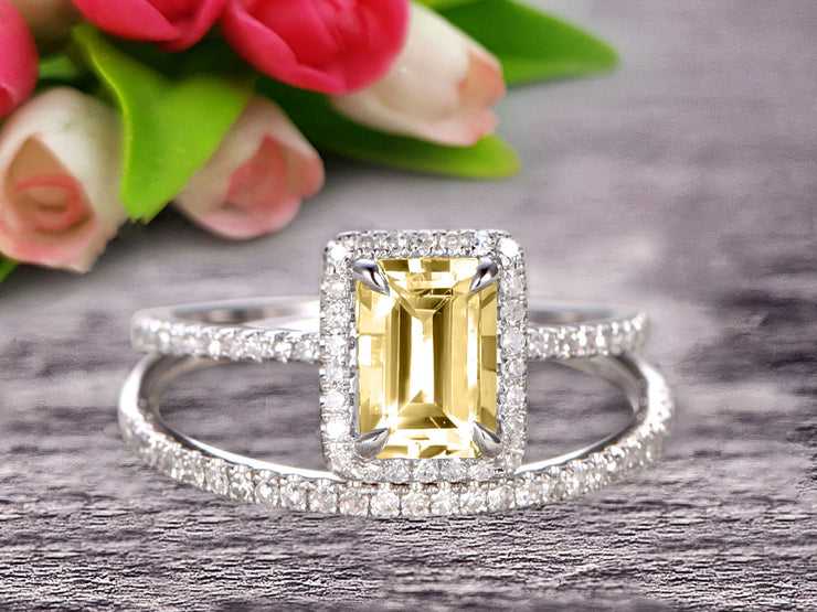 1.75 Carat Emerald Cut Wedding Set Champagne Diamond Moissanite Engagement Ring With Matching Band On 10k White Gold