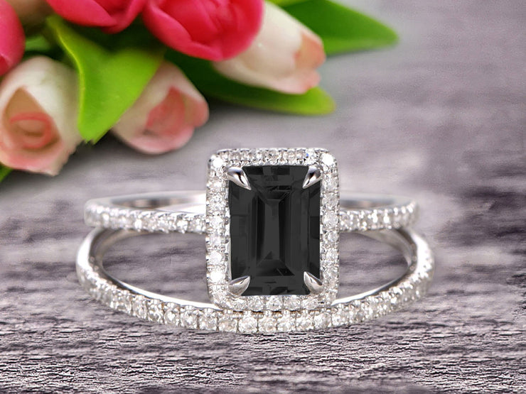 1.75 Carat Emerald Cut Wedding Set Black Diamond Moissanite Engagement Ring With Matching Band On 10k White Gold