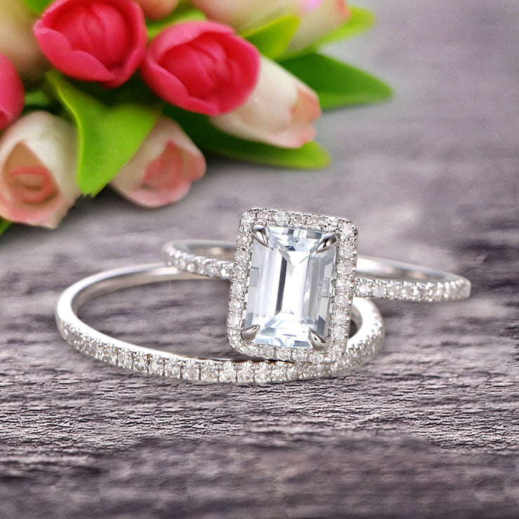 1.75 Carat Emerald Cut Wedding Set Aquamarine Engagement Ring With Matching Band On 10k White Gold