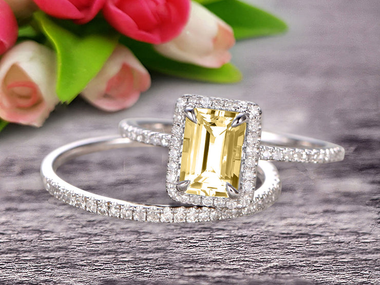 1.75 Carat Emerald Cut Wedding Set Champagne Diamond Moissanite Engagement Ring With Matching Band On 10k White Gold