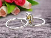 1.75 Carat Emerald Cut Wedding Set Champagne Diamond Moissanite Engagement Ring With Matching Band On 10k White Gold