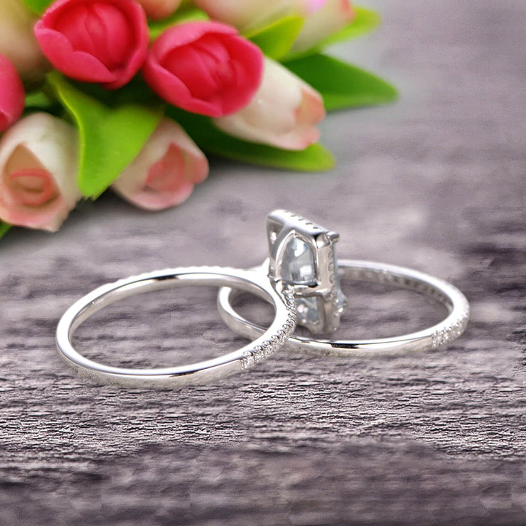 1.75 Carat Emerald Cut Wedding Set Aquamarine Engagement Ring With Matching Band On 10k White Gold