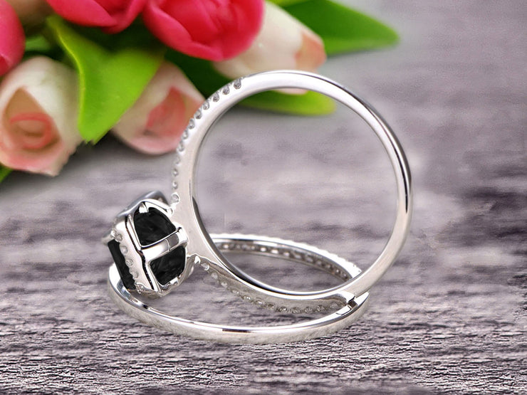 1.75 Carat Emerald Cut Wedding Set Black Diamond Moissanite Engagement Ring With Matching Band On 10k White Gold