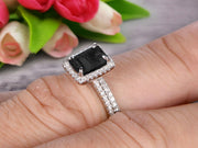 1.75 Carat Emerald Cut Wedding Set Black Diamond Moissanite Engagement Ring With Matching Band On 10k White Gold