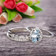 2 Carat Oval Cut Aquamarine Wedding Anniversary Gift Engagement Ring On 10k White Gold With Matching Band Art Deco Vintage Look