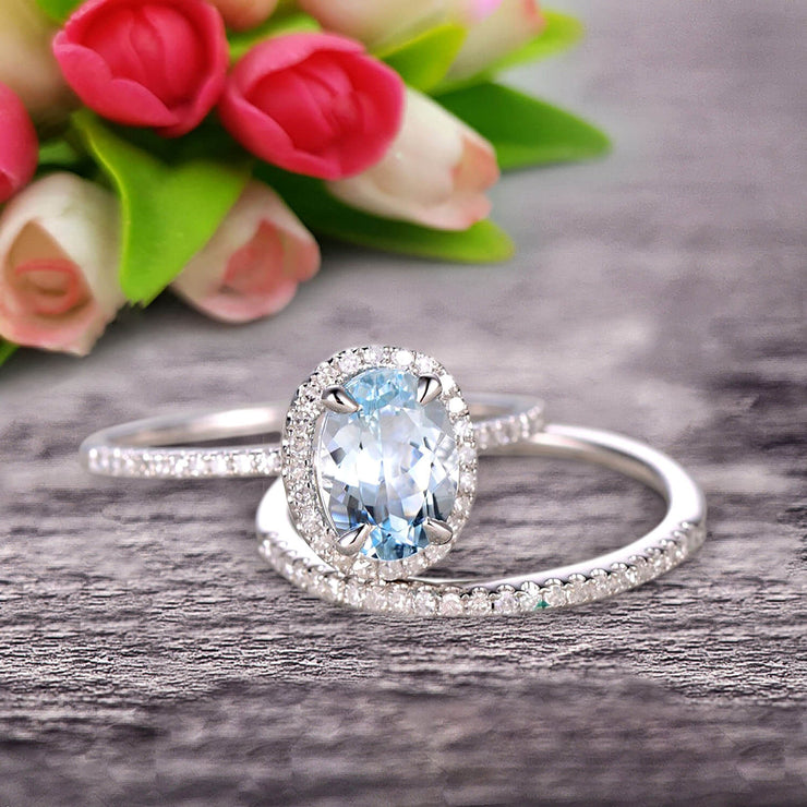 1.75 Carat Oval Cut Aquamarine Wedding Anniversary Gift Bridal Set Engagement Ring On 10k White Gold With Matching Band Art Deco Vintage Look