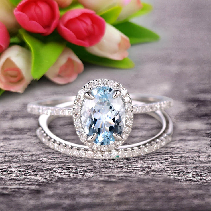 1.75 Carat Oval Cut Aquamarine Wedding Anniversary Gift Bridal Set Engagement Ring On 10k White Gold With Matching Band Art Deco Vintage Look