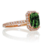 1.5 Carat Emerald Cut Emerald and Moissanite Diamond Halo Engagement Ring on 10k Rose Gold