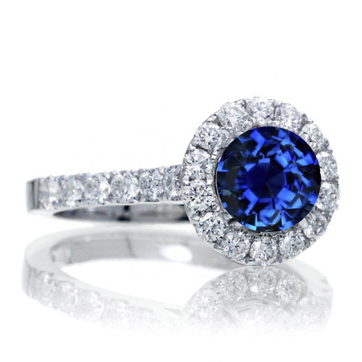1.5 Carat Round Classic Halo Sapphire and Moissanite Diamond Engagment ring on 10k White Gold