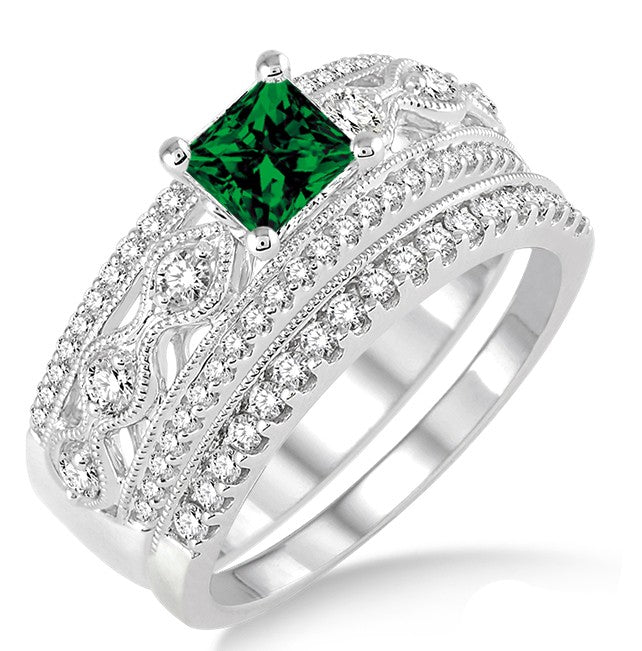 1.5 Carat Emerald Antique Bridal Set Engagement Ring on 10k White Gold