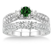 1.5 Carat Emerald Antique Bridal set on 10k White Gold