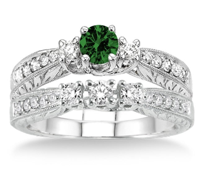 1.5 Carat Emerald Antique Bridal set on 10k White Gold