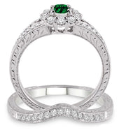 1.5 Carat Emerald Antique Floral Bridal set on 10k White Gold