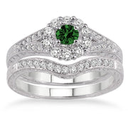 1.5 Carat Emerald Antique Floral Bridal set on 10k White Gold