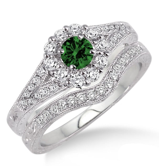 1.5 Carat Emerald Antique Floral Bridal set on 10k White Gold