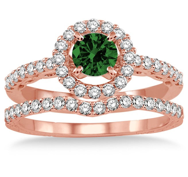 1.5 Carat Emerald Antique Floral Halo Bridal set on 10k Rose Gold