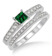 1.5 Carat Emerald Antique Flower Bridal Set on 10k White Gold