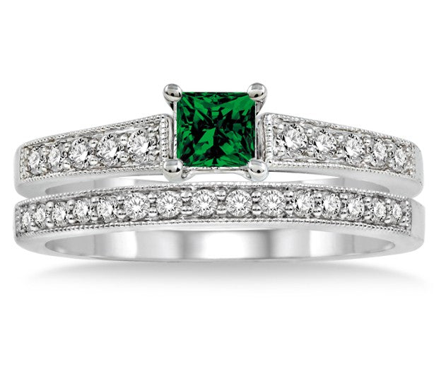 1.5 Carat Emerald Antique Flower Bridal Set on 10k White Gold