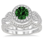 1.5 Carat Emerald Antique Halo Bridal Set Engagement Ring on 10k White Gold