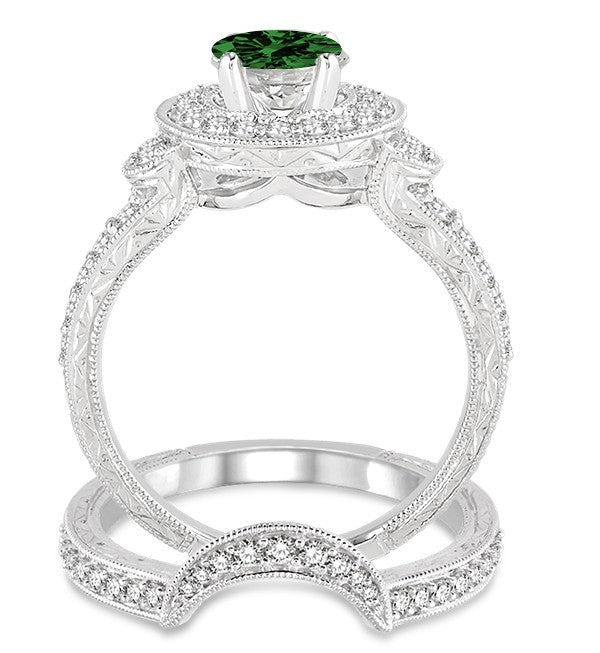 1.5 ct Emerald Antique Halo Bridal Set Engagement Ring on 10k White Gold