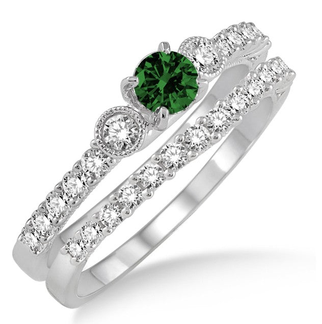 1.5 Carat Emerald Antique Three Stone Bridal Set on 10k White Gold