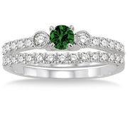 1.5 Carat Emerald Antique Three Stone Bridal Set on 10k White Gold