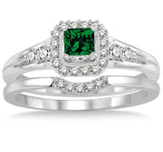 1.5 Carat Emerald Bridal Set Halo Engagement Ring Bridal Set on 10k White Gold