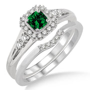 1.5 Carat Emerald Bridal Set Halo Engagement Ring Bridal Set on 10k White Gold