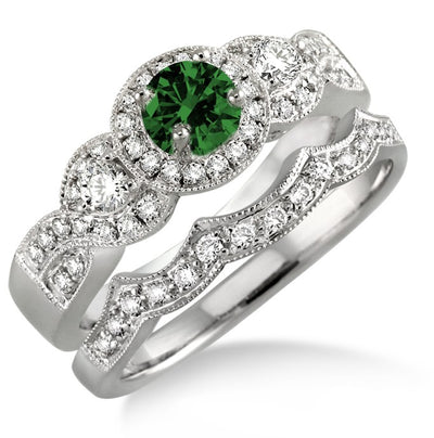 1.5 Carat Emerald Halo Bridal Set on 10k White Gold