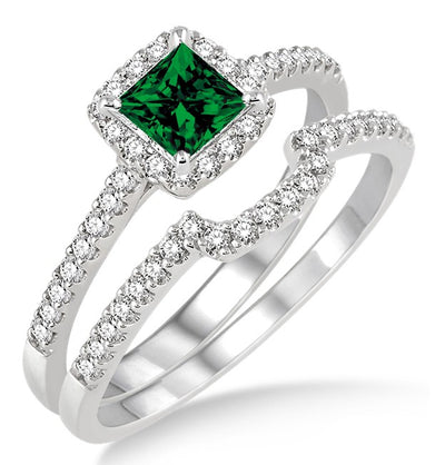 1.5 ct Emerald Halo Bridal Set on 10k White Gold