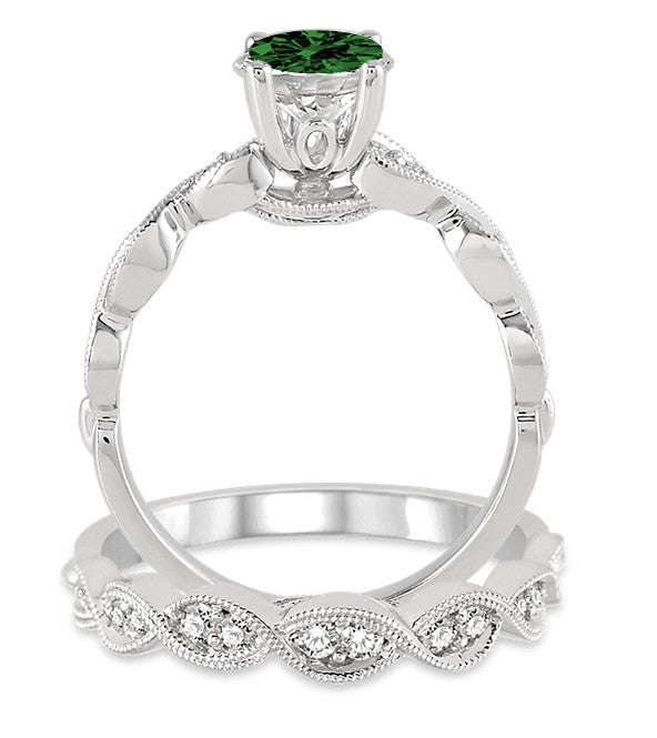 1.5 Carat Emerald inertwined Bridal setRound cut Moissanite Diamond on 10k White Gold