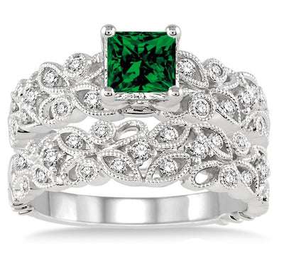 1.5 Carat Emerald Infinity Floral Antique Bridal setRound cut Moissanite Diamond on 10k White Gold